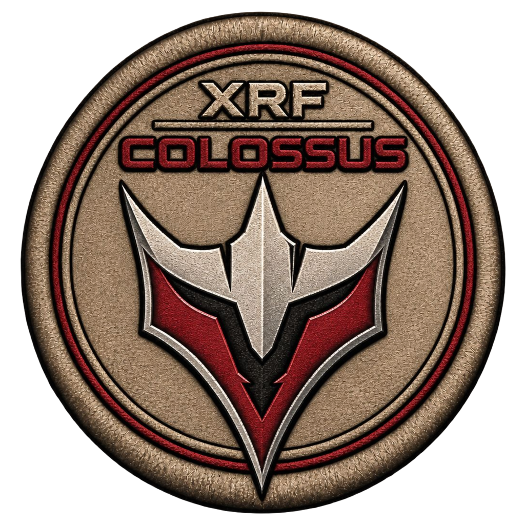 Parche bordado XRF Colossus emblema de vanguardia en arena y dorado (talla única)