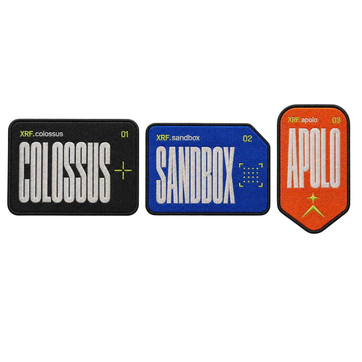 XRF Tri-Form Operations Embroidered Patch Set – Colossus, Sandbox & Apolo – 3-Pack